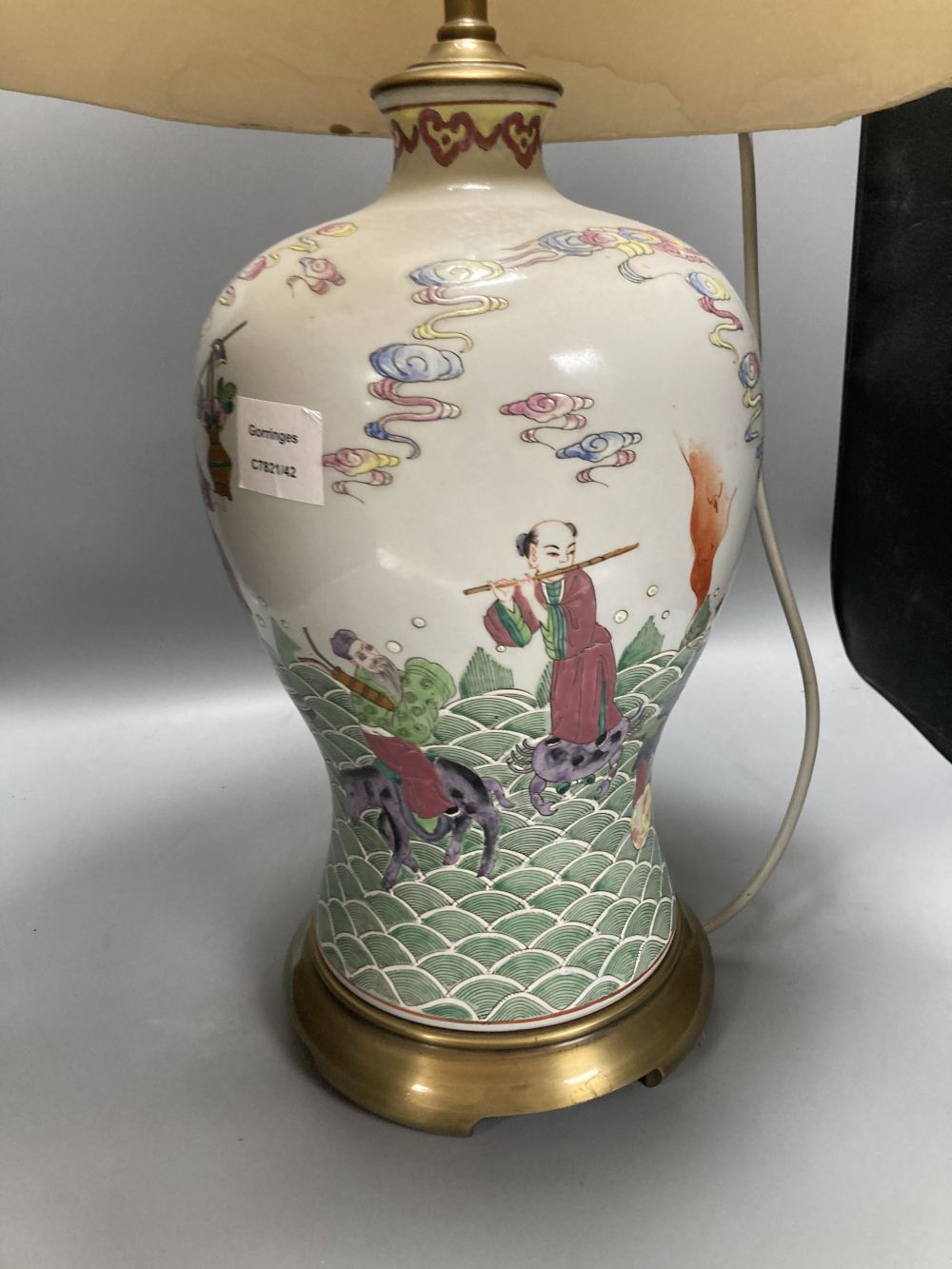 A Chinese famille rose baluster table lamp, 46cm, with shade